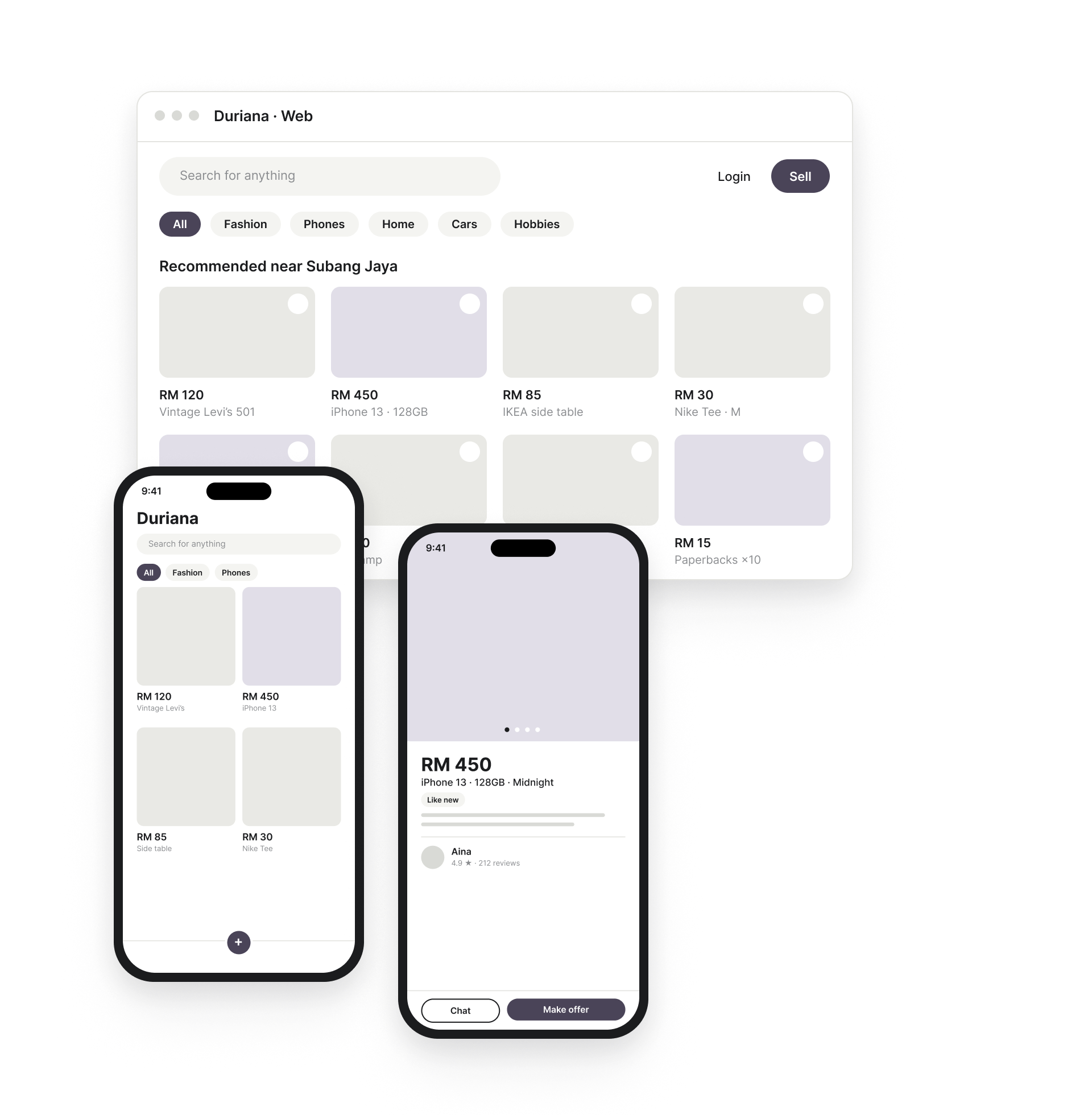 Duriana web marketplace with listings, and mobile listing and product screens