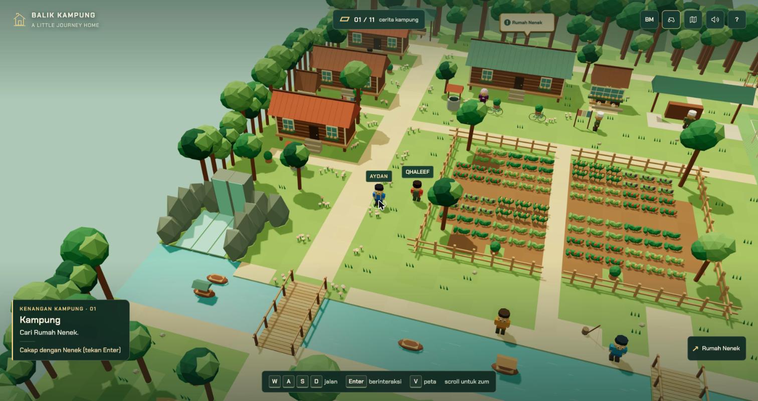 Balik Kampung: a low-poly 3D kampung with houses, a vegetable farm, a river and villagers to talk to