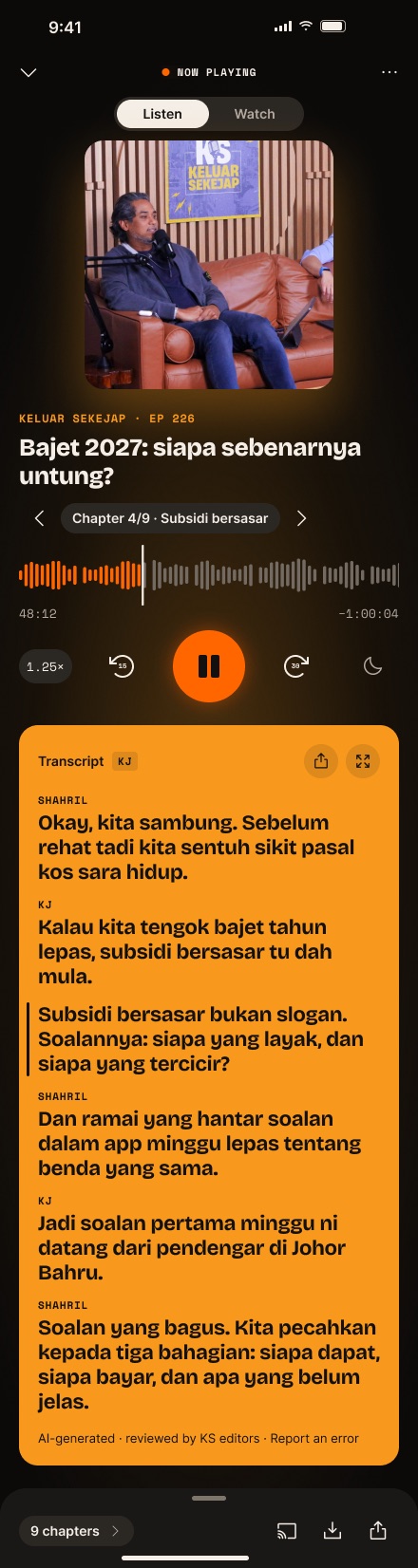 Keluar Sekejap player with chapters, waveform and live transcript