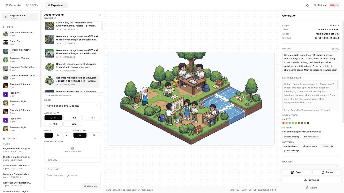 SREF studio: saved style references, generation history, and an isometric pixel-art scene generated in the Pokemon Isometric style