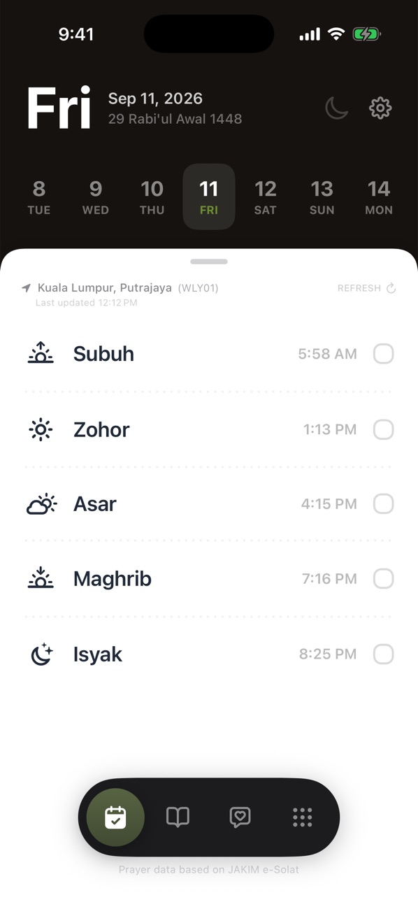 TaubatApp prayer times with a daily checklist