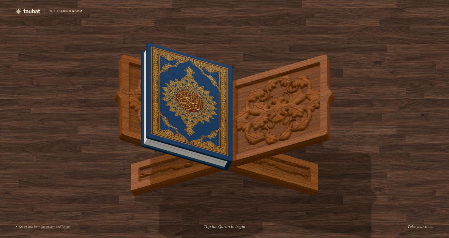 Taubat Reading Room: a 3D Quran resting on a carved wooden rehal on a wooden floor, with “Tap the Quran to begin”